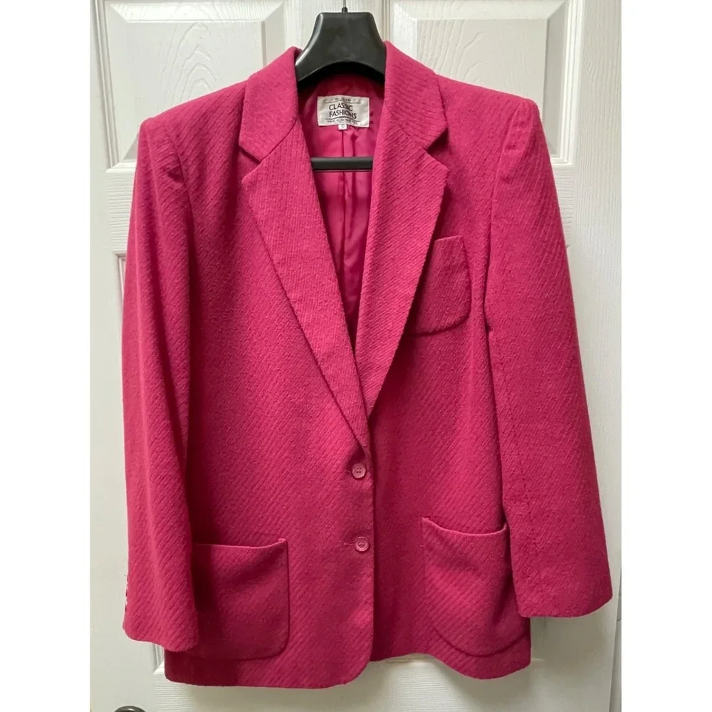 Vintage Women's Size‎ 10 Wool Blend Textured Hot Pink Blazer Jacket Pockets